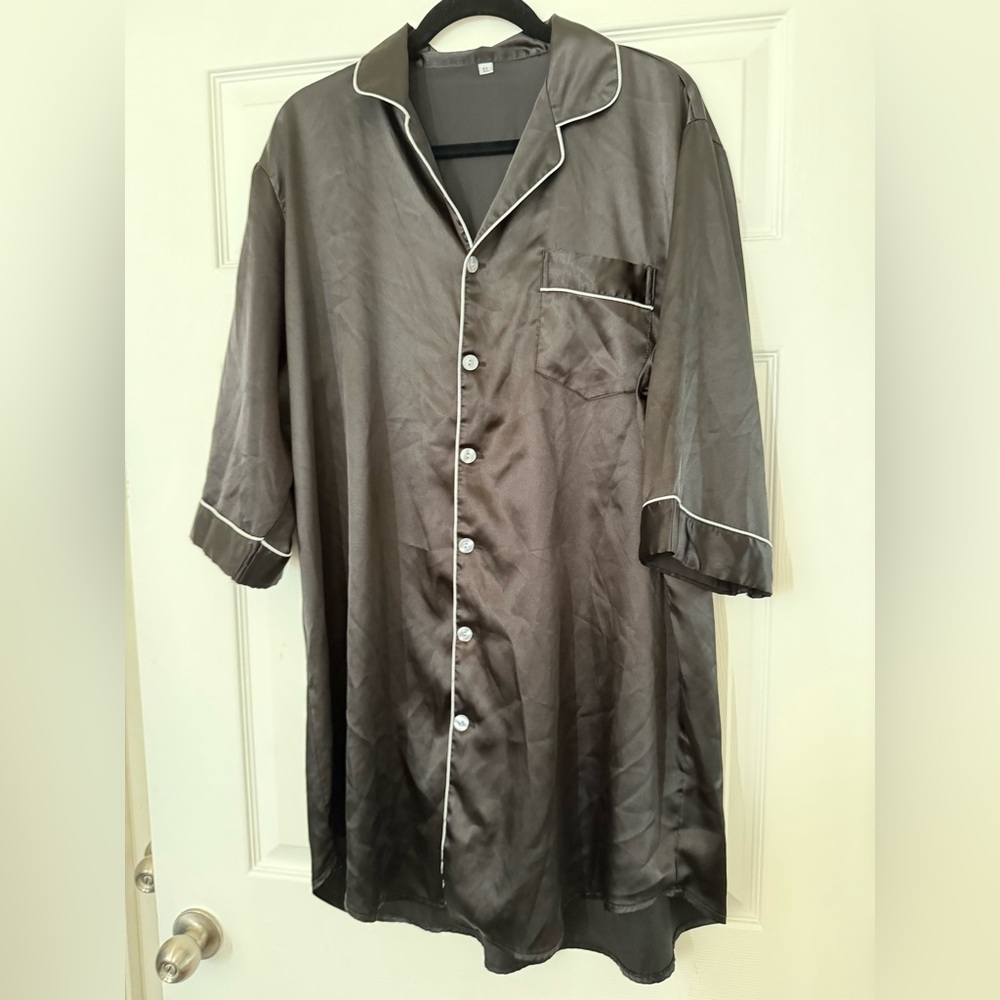 Sleek Black Satin Nightgown with White Piping